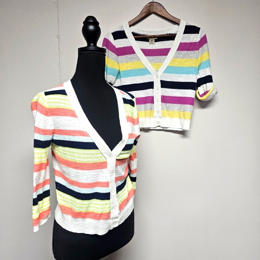 Arizona Jeans Y2k Cropped Roll Tab Sleeve Striped Cardigans Coral‎ Green White